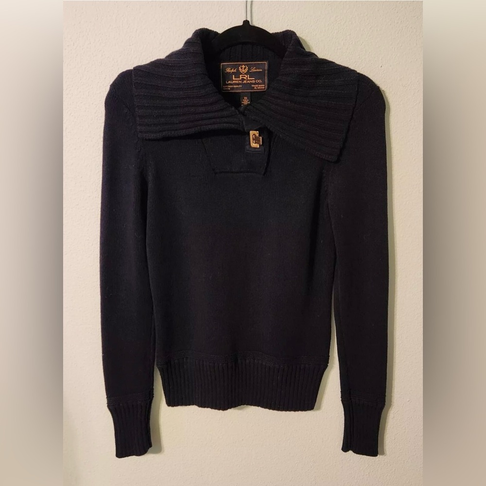LRL Ralph Lauren Navy 100% Cotton Gold Buckle Wide Collar Pullover Sweater Sz XS